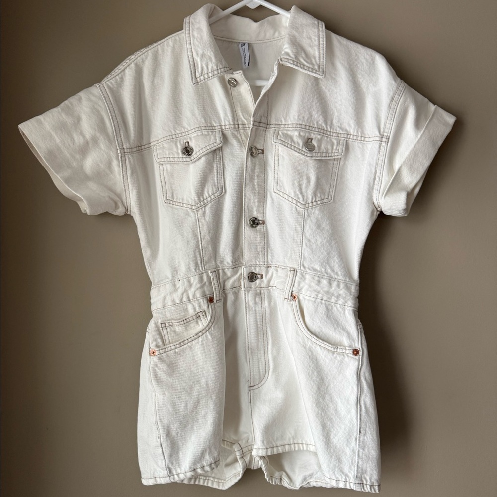 Zara Off-White Denim Jumpsuit